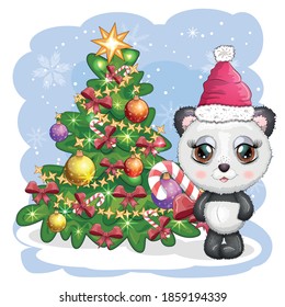Cute cartoon panda bear with big eyes in a red Santa Claus hat with a caramel cane near the Christmas tree. Greeting card, New Year