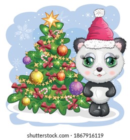 Cute cartoon panda bear with big eyes in a red Santa Claus hat near the Christmas tree. Greeting card, New Year