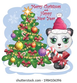 Cute cartoon panda bear with big eyes in a scarf and hat near the Christmas tree, boy and girl, greeting card, New Year and Christmas