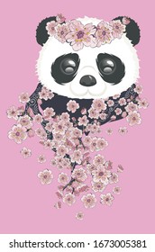Cute cartoon panda bear with blooming sakura, kawaii animal design.