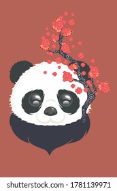 Cute cartoon panda bear with blooming sakura, kawaii animal design.