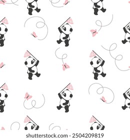 Cute cartoon panda bear and butterflies seamless vector pattern. Baby print