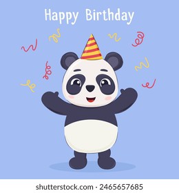 Cute cartoon panda bear character in birthday cap. Birthday party card, invitation, poster concept