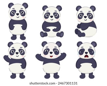 Cute cartoon panda bear character set. Print, postcard, poster element  isolated on white.