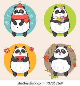 Cute cartoon Panda Bear Character and the four seasons: winter, spring, summer and autumn. Vector illustration