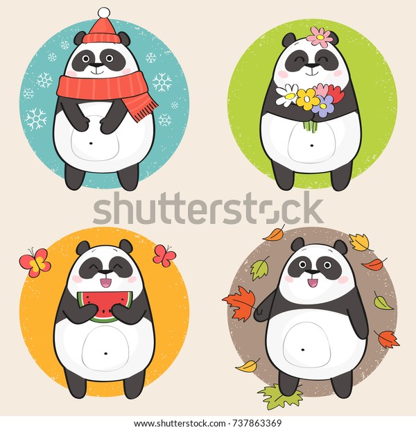 かわいい漫画のパンダの熊のキャラクターと四季 冬 春 夏 秋 ベクターイラスト のベクター画像素材 ロイヤリティフリー 737863369