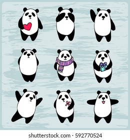 Cute cartoon panda bear, collection of vector hand drawn on a grunge background.