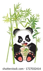 Cute cartoon panda bear eating tasty ramen, noodle soup with bamboo design.