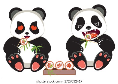 Cute cartoon panda bear eating tasty sushi design.