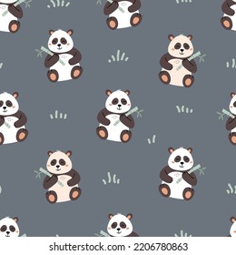 Cute cartoon panda bear, eating bamboo leaf, seamless pattern.  Creative kids scandinavian style texture for fabric, wrapping, textile, wallpaper, apparel. Vector illustration