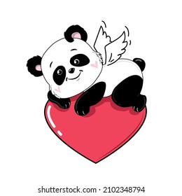 Cute cartoon panda bear with heart on a white isolated background. Vector illustration for Valentine's Day and birthday