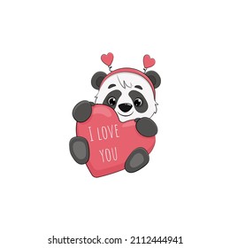Cute cartoon panda bear with heart on a white background. Valentine's day card. Vector illustration