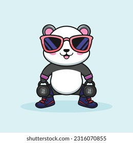 cute cartoon panda bear holding kettlebells, Illustration of Fitness Activities.