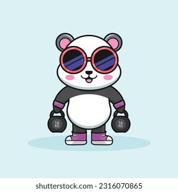 cute cartoon panda bear holding kettlebells, Illustration of Fitness Activities.