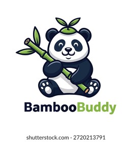"Lindo oso panda de dibujos animados sosteniendo y comiendo bambú con expresión feliz y hojas verdes. Divertida ilustración de personaje de BambooBuddy, Vector PNG escalable para diseño y logotipos infantiles".