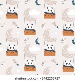 Cute cartoon panda bear in a hot air balloon. Seamless pattern, kids pattern. Vector illustrations
