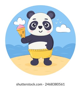 Cute cartoon panda bear with ice cream on the beach. Element for summer print, postcard, poster