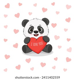 Cute cartoon panda bear isolated on background with hearts. Postcard for Valentine's Day, Mothers day.Vector illustration