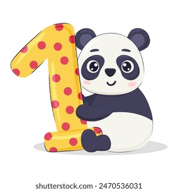 Cute cartoon panda bear with a number one. Element for 1st birthday invitation, postcard, poster, print.