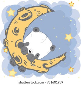 Cute cartoon Panda Bear on the moon in space