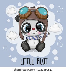 Cute cartoon Panda Bear in a pilot hat on a blue background