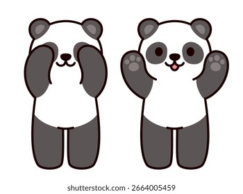 Cute cartoon panda bear playing Peekaboo, hiding and opening face. Simple kawaii animal drawing, vector illustration.