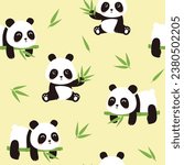 Cute cartoon panda bear seamless pattern on yellow background with bamboo leaf for kids. Flat panda vector illustration for kids print. Vector illustration.