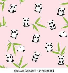 Cute cartoon panda bear seamless pattern, animals on pink background with bamboo leaf, for kids