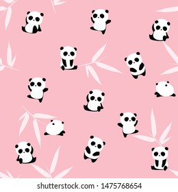 Cute cartoon panda bear seamless pattern, animals on pink background with bamboo leaf, for kids