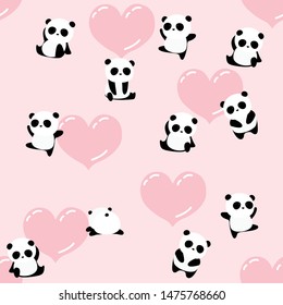 Cute cartoon panda bear seamless pattern, romantic pink animal background, for kids, for Valentine’s day