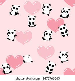 Cute cartoon panda bear seamless pattern, romantic pink animal background, for kids, for Valentine’s day