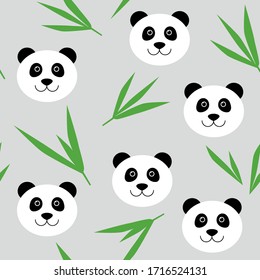 Cute cartoon panda bear seamless pattern. Vector background with panda face and bamboo leaves. For children's wallpapers, textile design