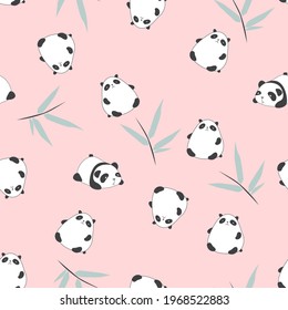 Cute cartoon panda bear seamless pattern, animals on pink background with bamboo leaf, for kids