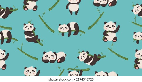 Cute cartoon panda bear seamless pattern animals background with bamboo	