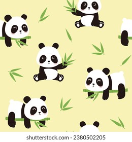 Cute cartoon panda bear seamless pattern on yellow background with bamboo leaf for kids. Flat panda vector illustration for kids print. Vector illustration.