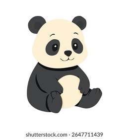 Um urso panda de desenhos animados bonito está sentado em um fundo branco. O urso tem um grande sorriso em seu rosto e parece muito feliz