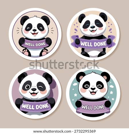 Cute Cartoon Panda Bear Sticker Set Holding Well Done Banner Label