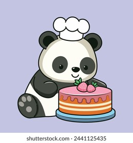 Cute cartoon panda bear with tasty strawberry cake illustration.