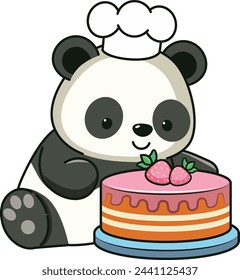 Cute cartoon panda bear with tasty strawberry cake illustration.