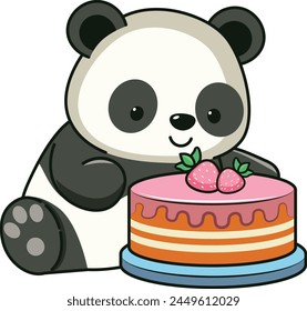 Cute cartoon panda bear with tasty strawberry cake illustration.