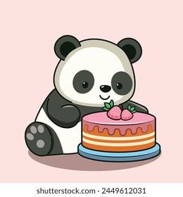 Cute cartoon panda bear with tasty strawberry cake illustration.