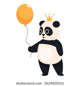 Cute cartoon panda bear wearing a golden crown and holding an orange balloon