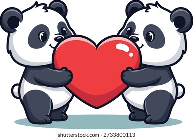 Cute cartoon panda bears hugging with red heart isolated on transparent background, Vector