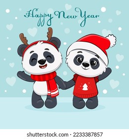 Cute cartoon panda bears isolated on blue background. Christmas card with couple pandas.Vector illustration