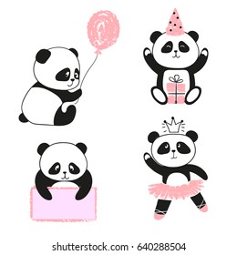 Cute cartoon panda bears set. Vector illustration.