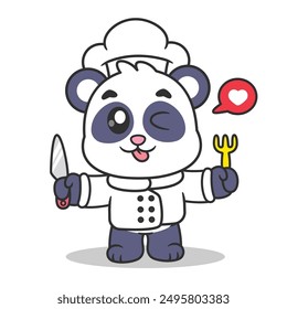 Cute Cartoon Panda Being a Chef Holding a Fork and Knife Vector Illustration. Animals Food And Drink Premium Vector. Chef Profession. Cartoon Style 