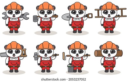 Cute cartoon of Panda being a handyman with big tools. Character animal. Cartoon style Handyman with the tools. Children's illustration.
