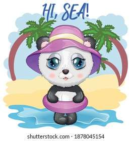 Cute cartoon panda with big eyes in a circle for swimming on the beach by the sea