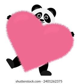 Cute cartoon panda with big fluffy heart. Declaration of love. Gift for February 14th, Valentine's Day. Isolated on white background. Congratulations on the holiday.