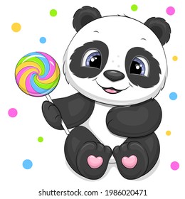 Cute cartoon panda with a big lollipop. Vector illustration of an animal on a white background with colorful dots.